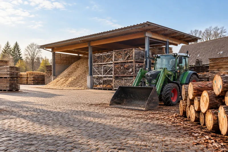 Lager von Holzhai mit Unterstand und Traktor