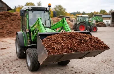 Frontlader-Schaufel voll Kiefernrindenmulch